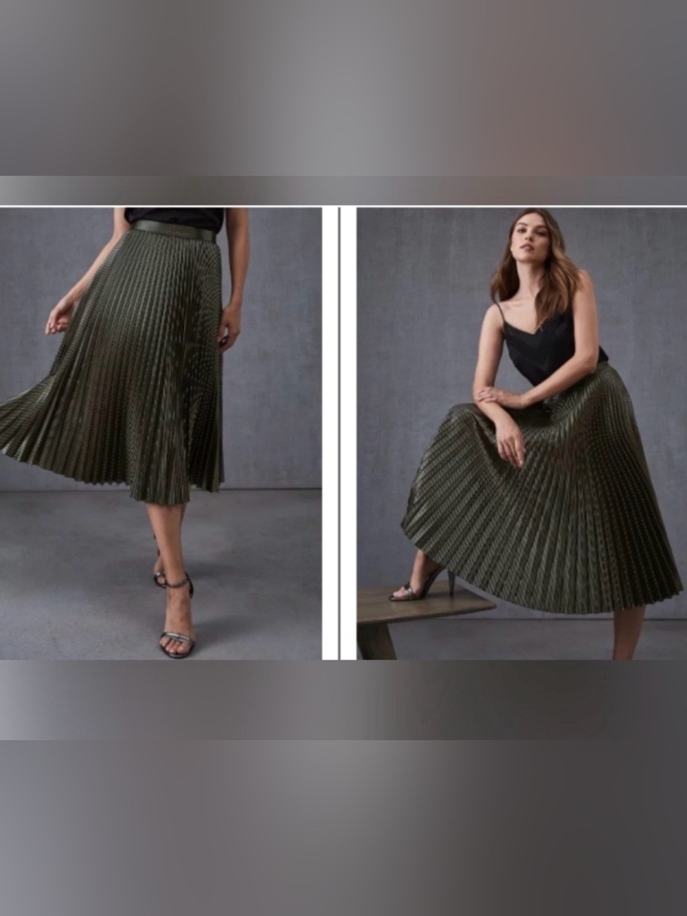 Reiss Olive Green Metallic Pleated Midi Skirt